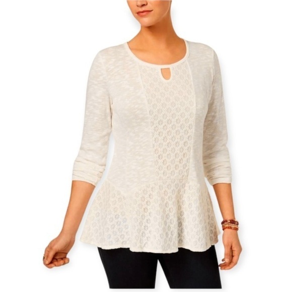 Style & Co Petite Medium Lace Peplum Top Blouse Sweater Winter White Color - Picture 1 of 9